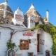 在Alberobello Puglia，一排白色的带锥形屋顶的Trullo