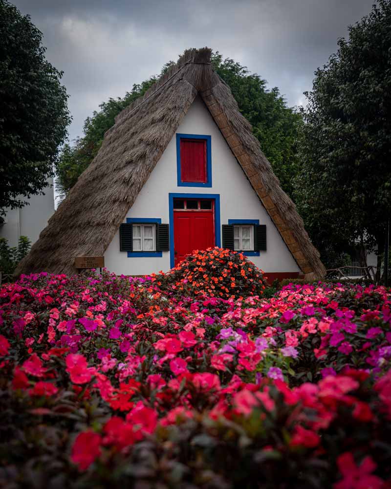 桑塔纳的传统的茅草屋,一个尖三角形形状的房子,有色彩鲜艳的蓝色和红色窗户外面和鲜花