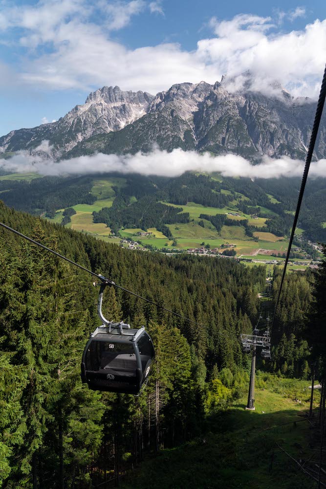 Riding the cable car up The Asitz Mountain