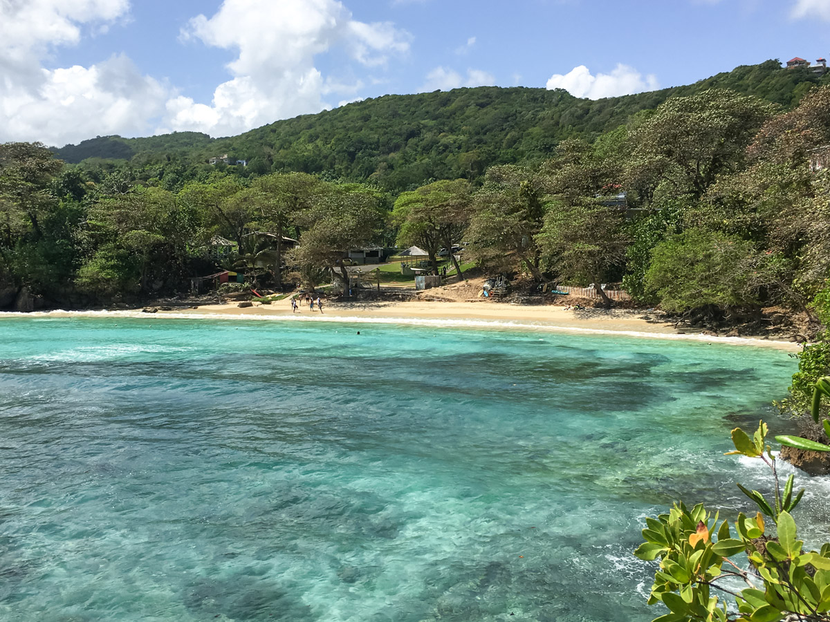牙买加的一个海滩，背后是绿色植物