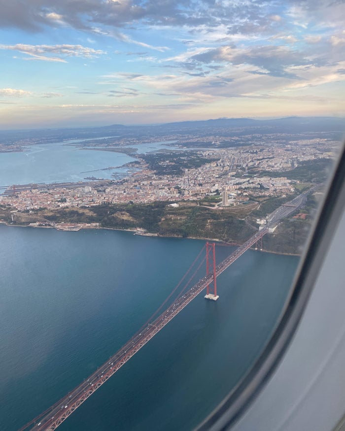 A view of Lisbon's Ponte 25 Bridge from the flight arrival