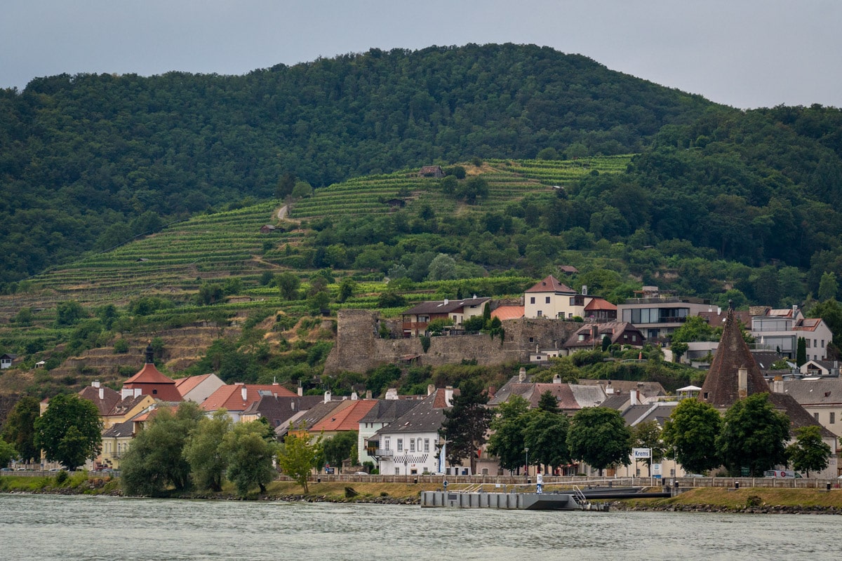 Wachau's vineyards seen from a ferry on the Danube River